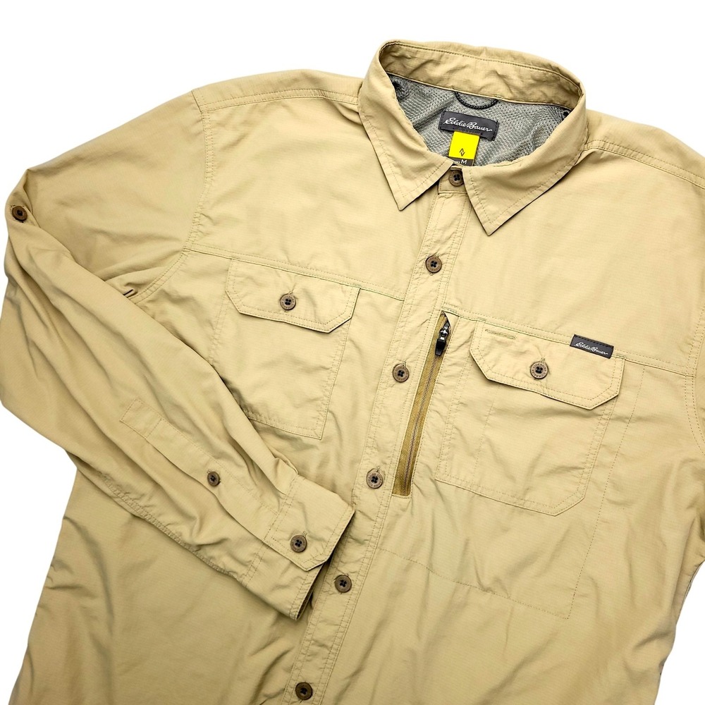 Eddie Bauer Travex Shirt Mens M Beige Solid Long Sleeve Button Up Hiking Outdoor